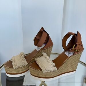 See by Chloe Womens Beige Fringed Espadrille Wedge Sandals